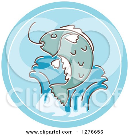 Clipart of a Jumping Fish Taking Bait and Blue Icon - Royalty Free Vector Illustration by BNP Design Studio