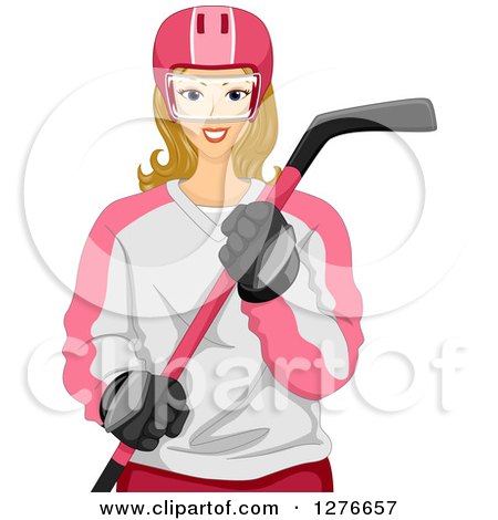 Clipart of a Blond White Female Hockey Player Holding a Stick - Royalty Free Vector Illustration by BNP Design Studio