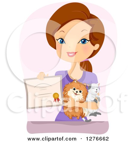 Clipart of a Proud Brunette White Woman Holding Pets and a Certificate - Royalty Free Vector Illustration by BNP Design Studio