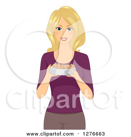 Clipart of a Blond White Woman Holding a Bowl of Dog Biscuits - Royalty Free Vector Illustration by BNP Design Studio