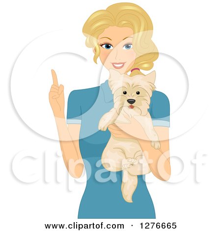 Clipart of a Happy Blond Woman Holding up a Finger and a Dog - Royalty Free Vector Illustration by BNP Design Studio