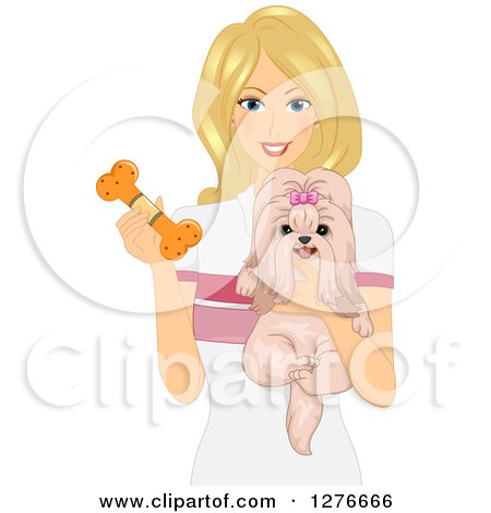 Clipart of a Happy Blond White Woman Holding a Chew Toy and Dog - Royalty Free Vector Illustration by BNP Design Studio