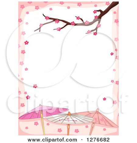 Clipart of a Branch and Cherry Blossoms Bordering White Text Space with Japanese Umbrellas - Royalty Free Vector Illustration by BNP Design Studio