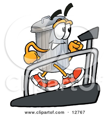 Clipart Picture of a Garbage Can Mascot Cartoon Character Walking on a Treadmill in a Fitness Gym by Mascot Junction