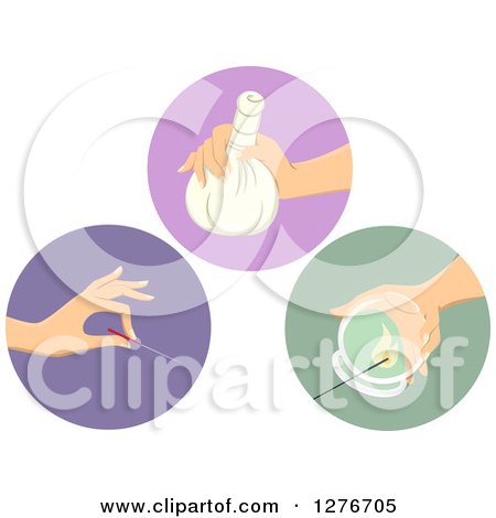 Clipart of Natural Healing Icons of an Acupuncture Needle, Poultice, and Cupping Massage Theraby - Royalty Free Vector Illustration by BNP Design Studio