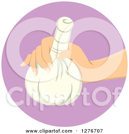 Clipart of a Hand Holding a Poultice Sack in a Purple Circle - Royalty Free Vector Illustration by BNP Design Studio
