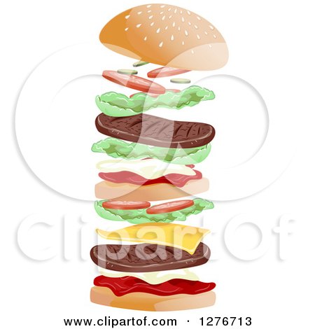 Clipart of a Double Cheeseburger Shown Falling into Place - Royalty Free Vector Illustration by BNP Design Studio