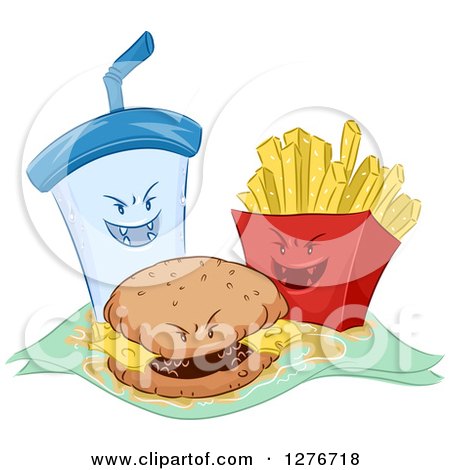 Clipart of Grinning Evil Fountain Soda, Cheeseburger and French Fries - Royalty Free Vector Illustration by BNP Design Studio