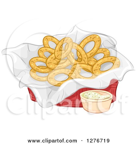 Clipart of a Basket of Onion Rings and Dipping Sauce - Royalty Free Vector Illustration by BNP Design Studio