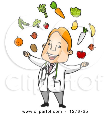 Clipart of a Happy Red Haired Male Doctor Juggling Fruits and Veggies - Royalty Free Vector Illustration by BNP Design Studio