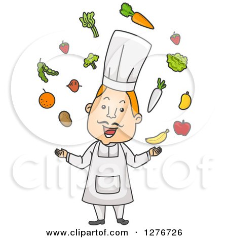Clipart of a Happy Red Haired Male Chef Juggling Fruits and Veggies - Royalty Free Vector Illustration by BNP Design Studio