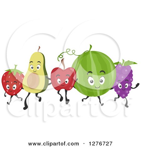 Clipart of a Happy Strawberry, Avocado, Apple, Watermelon and Grapes Walking Together - Royalty Free Vector Illustration by BNP Design Studio