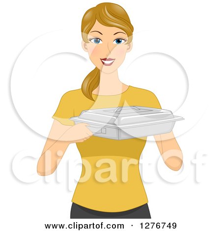 Clipart of a Happy Blond White Woman Holding up a Food Warmer - Royalty Free Vector Illustration by BNP Design Studio