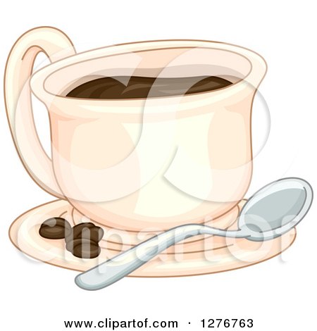 Clipart of a Coffee Cup on a Saucer with a Spoon and Beans - Royalty Free Vector Illustration by BNP Design Studio