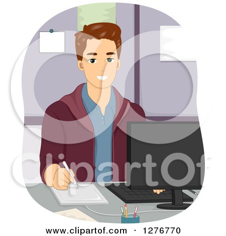 Clipart of a Handsome White Man Using a Graphic Design Tablet at a Computer - Royalty Free Vector Illustration by BNP Design Studio