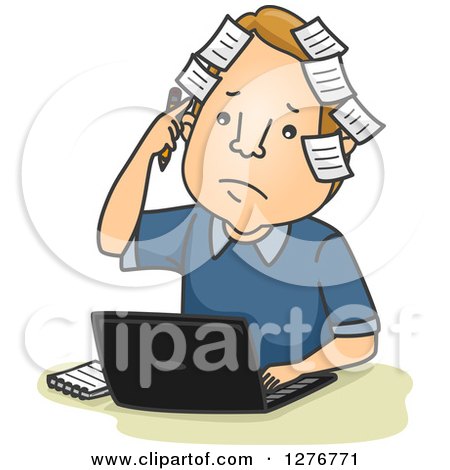 Clipart of a Cartoon Forgetful White Businessman with Sticky Notes on His Head, Using a Laptop Computer - Royalty Free Vector Illustration by BNP Design Studio