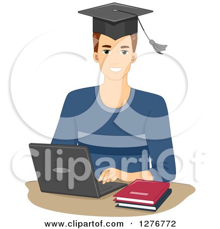 Clipart of a Young White Graduate Man Using a Laptop Computer for Online Courses - Royalty Free Vector Illustration by BNP Design Studio