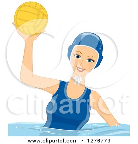Clipart of a Happy White Female Water Polo Player Holding up a Ball - Royalty Free Vector Illustration by BNP Design Studio