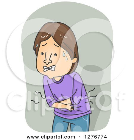 Clipart of a Brunette White Man Sweating and Suffering from Stomach Pain - Royalty Free Vector Illustration by BNP Design Studio
