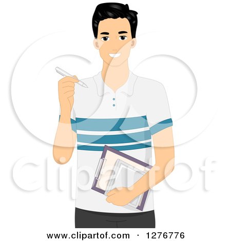 Clipart of a Handsome Black Haired Designer Man Holding a Stylus, Clipboard and Tablet - Royalty Free Vector Illustration by BNP Design Studio