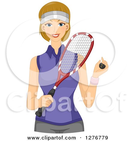Clipart of a Happy Dirty Blond Squash Player Holding a Ball and Racket - Royalty Free Vector Illustration by BNP Design Studio