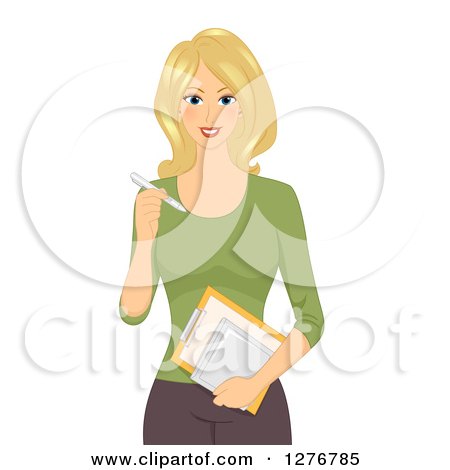 Clipart of a Blond White Female Artist Holding a Tablet and Stylus - Royalty Free Vector Illustration by BNP Design Studio