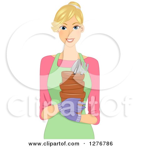 Clipart of a Blond White Woman Holding Gardening Tools and Pots - Royalty Free Vector Illustration by BNP Design Studio