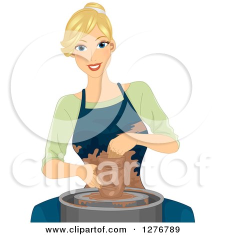 Clipart of a Happy Blond White Woman Molding Clay on a Pottery Wheel - Royalty Free Vector Illustration by BNP Design Studio