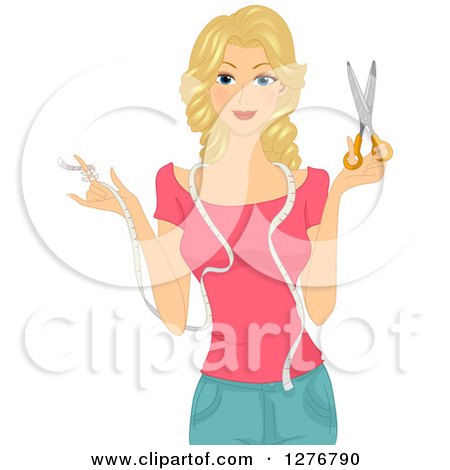 Clipart of a Happy Blond White Seamstress Woman Holding Scissors and a Measuring Ribbon - Royalty Free Vector Illustration by BNP Design Studio