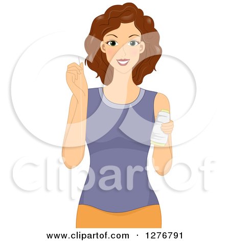 Clipart of a Brunette White Woman Holding a Needle and Thread - Royalty Free Vector Illustration by BNP Design Studio