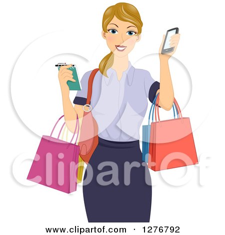 Clipart of a Happy Blond White Woman Holding a Notepad, Smart Phone and Shopping Bags - Royalty Free Vector Illustration by BNP Design Studio