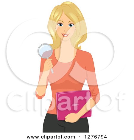 Clipart of a Happy Blond White Web Researcher Holding a Magnifying Glass - Royalty Free Vector Illustration by BNP Design Studio