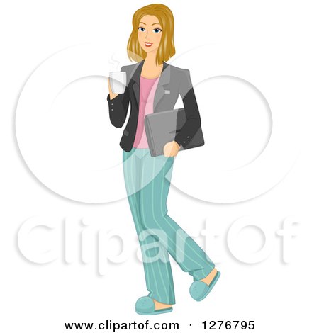 Clipart of a Dirty Blond White Woman Half Dressed for Work, Holding a Cup of Coffee - Royalty Free Vector Illustration by BNP Design Studio