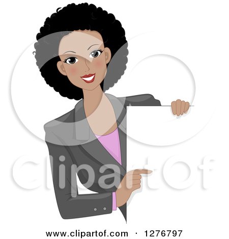 Clipart of a Beautiful Black Businesswoman Pointing to a Blank Board - Royalty Free Vector Illustration by BNP Design Studio