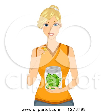 Clipart of a Blond White Woman Holding a Jar of Money - Royalty Free Vector Illustration by BNP Design Studio
