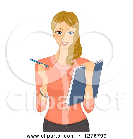 Clipart of a Dirty Blond White Female Artist Holding a Sketch Pad - Royalty Free Vector Illustration by BNP Design Studio
