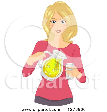 Clipart of a Happy Blond White Woman Pouring Lemonade - Royalty Free Vector Illustration by BNP Design Studio