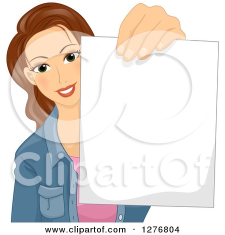 Clipart of a Young Brunette White Woman Holding out a Blank Piece of Paper - Royalty Free Vector Illustration by BNP Design Studio