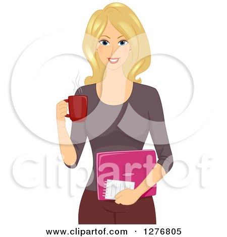 Clipart of a Happy Blond Female Blogger Holding a Cup of Coffee and a Pink Laptop - Royalty Free Vector Illustration by BNP Design Studio