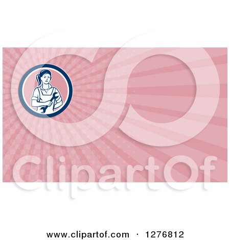 Clipart of a Retro Female Mechanic and Pink Rays Business Card Design - Royalty Free Illustration by patrimonio