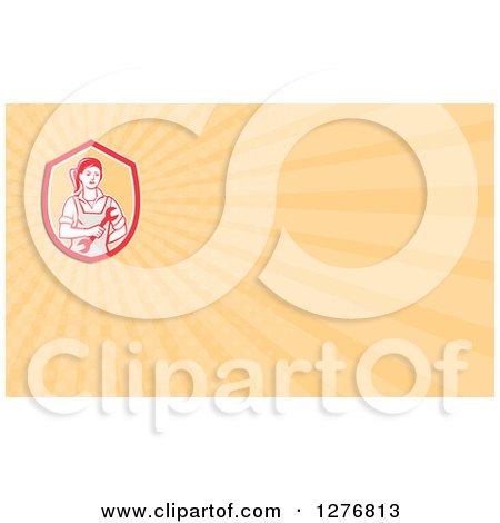 Clipart of a Retro Female Mechanic and Yellow Rays Business Card Design - Royalty Free Illustration by patrimonio