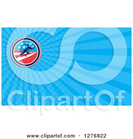 Clipart of a Retro Male American Sprinter and Blue Rays Business Card Design - Royalty Free Illustration by patrimonio