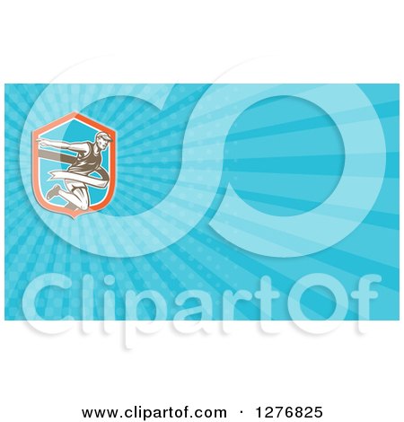Clipart of a Retro Marathon Runner Finishing and Blue Rays Business Card Design - Royalty Free Illustration by patrimonio