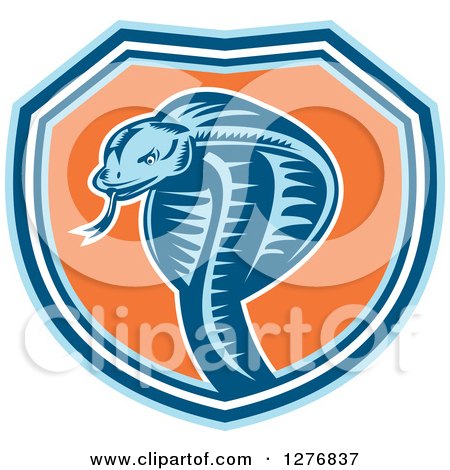 Clipart of a Retro Woodcut Cobra Snake in a Blue White and Orange Shield - Royalty Free Vector Illustration by patrimonio