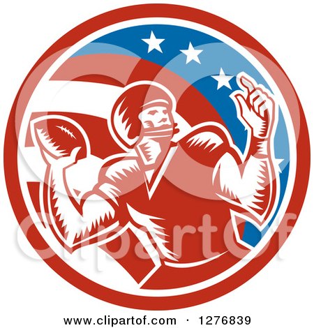 Clipart of a Retro Woodcut Male Quarterback Player Throwing in an American Circle - Royalty Free Vector Illustration by patrimonio