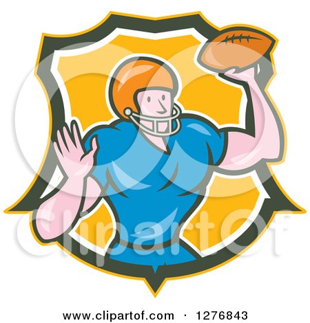 Clipart of a Cartoon Male Caucasian Football Player Quarterback with a Ball in a Yellow Green and White Shield - Royalty Free Vector Illustration by patrimonio