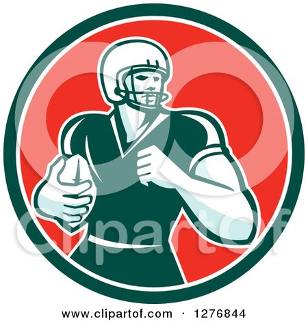Clipart of a Retro Male Caucasian Football Player Runningback with a Ball in a Green White and Red Circle - Royalty Free Vector Illustration by patrimonio