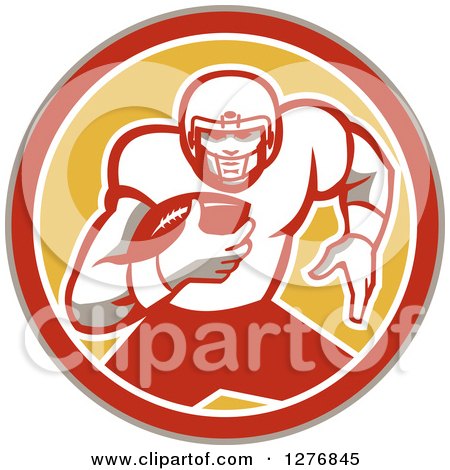 Clipart of a Retro Male Caucasian Football Player Runningback with a Ball in a Taupe Orange White and Yellow Circle - Royalty Free Vector Illustration by patrimonio