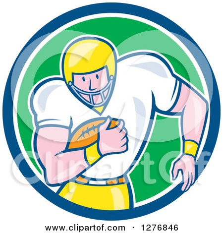 Clipart of a Cartoon Caucasian Male Football Player Fullback with a Ball in a Blue White and Green Circle - Royalty Free Vector Illustration by patrimonio