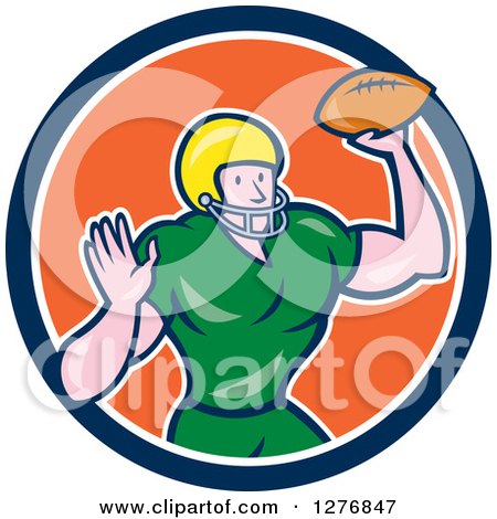 Clipart of a Cartoon Male Caucasian Football Player Quarterback with a Ball in a Blue White and Orange Circle - Royalty Free Vector Illustration by patrimonio